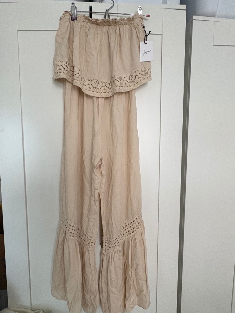 Strapless jumpsuit romper wide leg size small beige